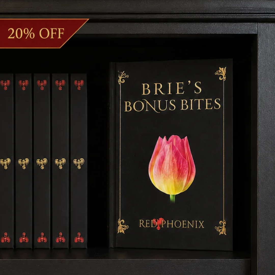 A black hardcover book titled 'Brie's Bonus Bites' by Red Phoenix, featuring a pink and yellow tulip on the cover, displayed on a dark shelf next to other matching books with a '20% OFF' banner in the top left corner.
